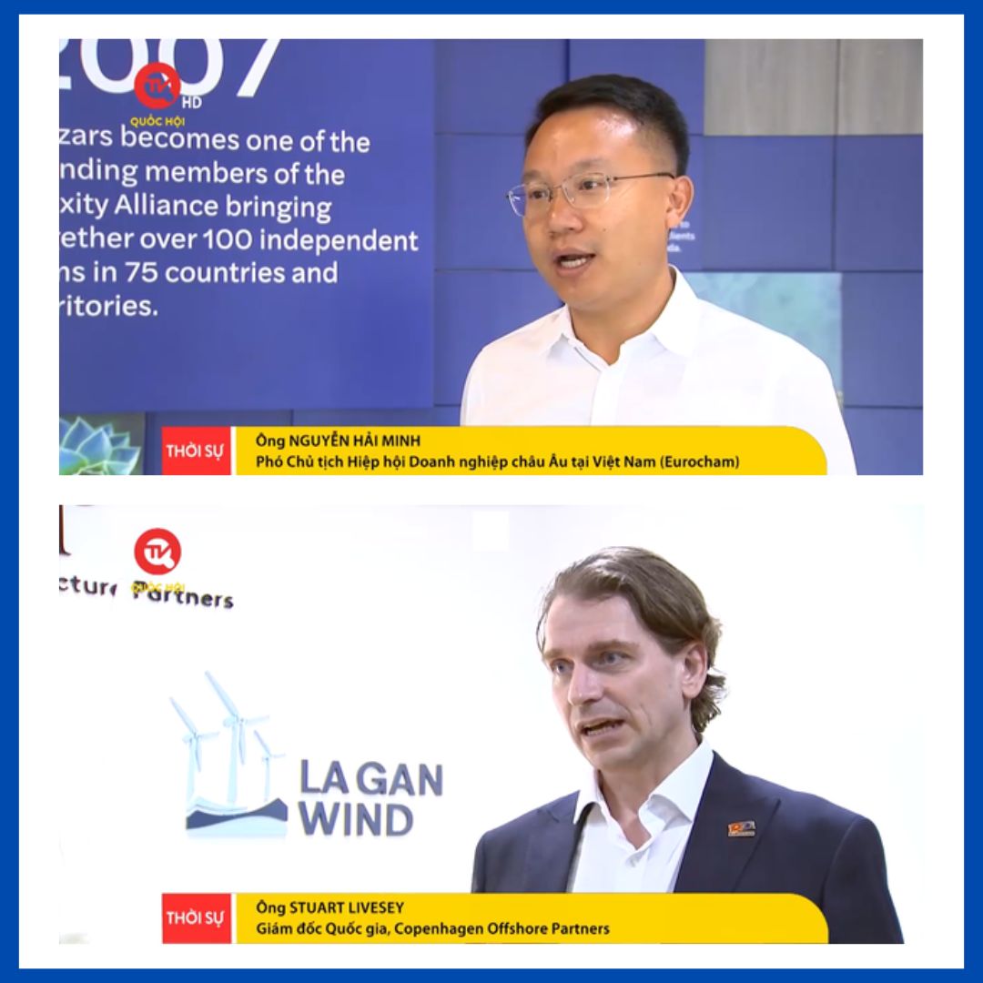 上图:欧洲商会董事会成员 Nguyen Hai Minh 和 Stuart Livesey 于 5 月 16 日出现在越南国民议会电视台,在媒体露面中讨论 PDP VIII 和越南的绿色转型。