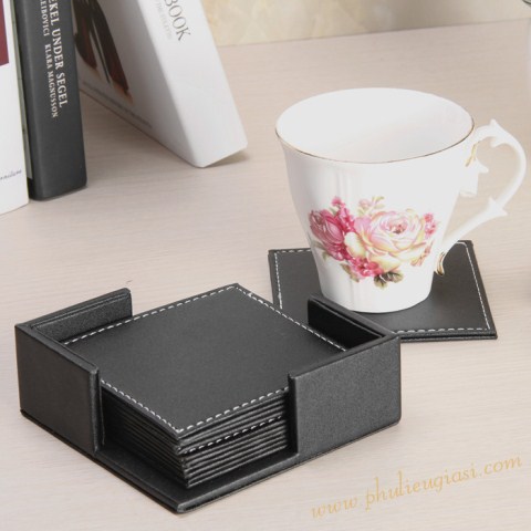 Black Leather Coaster Set