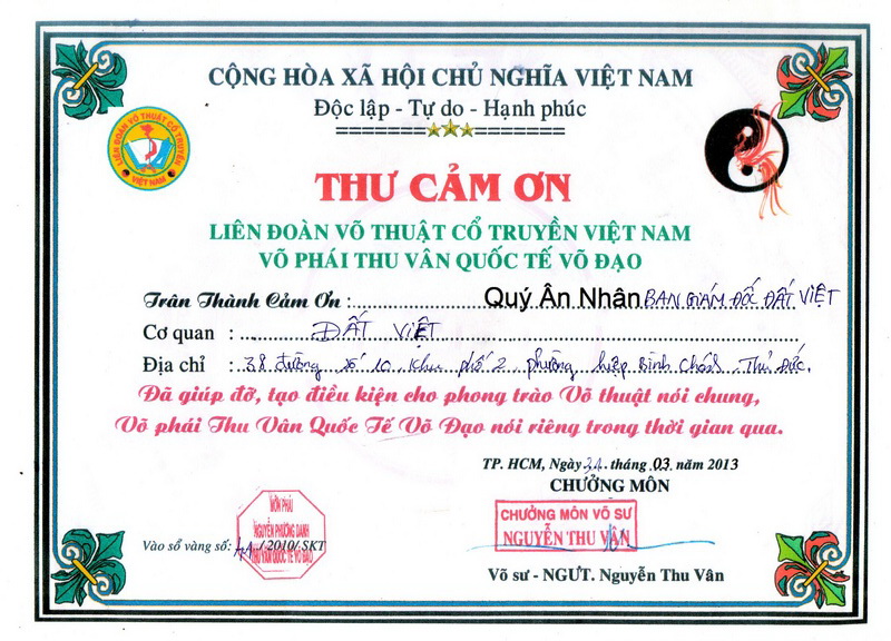 Thư cảm ơn của Võ phái Thu Vân Quốc tế Võ Đạo