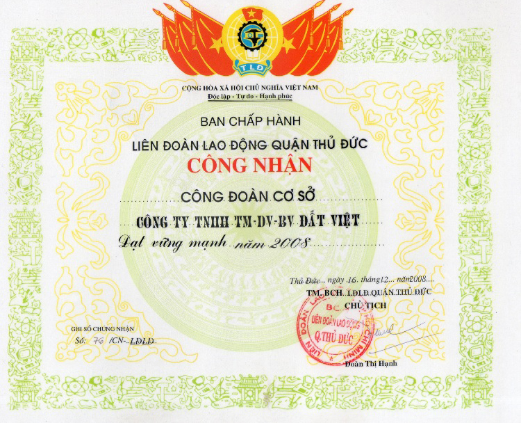 Bằng khen BCH LĐLĐ Q. Thủ Đức năm 2008
