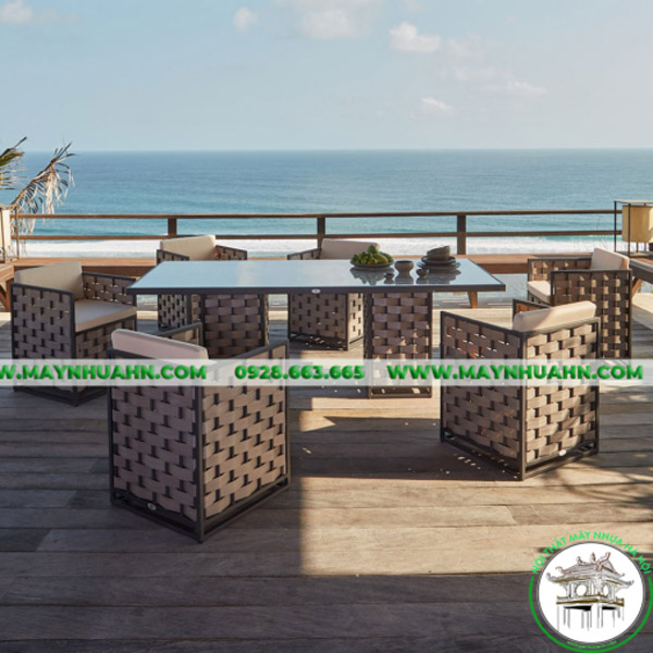 Bộ bàn ghế ăn ngoài trời 6 ghế mây nhựa BBQ009