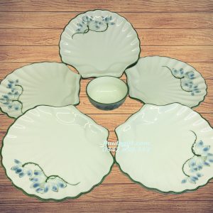 Bộ đĩa sò vẽ sen xanh men kem