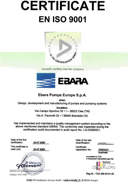 Chứng Nhận Chất Lượng EBARA