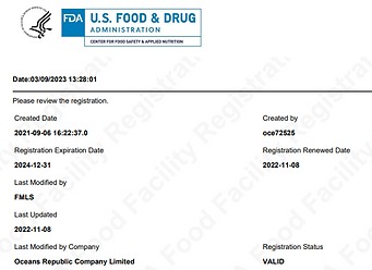Chứng nhận FDA Registered Facility