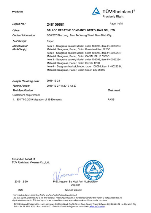 Chứng nhận kiểm tra sản phẩm TUV Rheinland