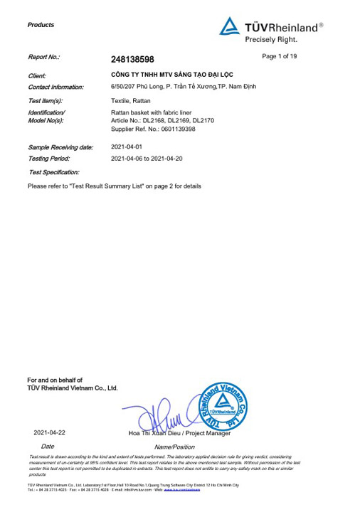 Chứng nhận kiểm tra sản phẩm TUV Rheinland