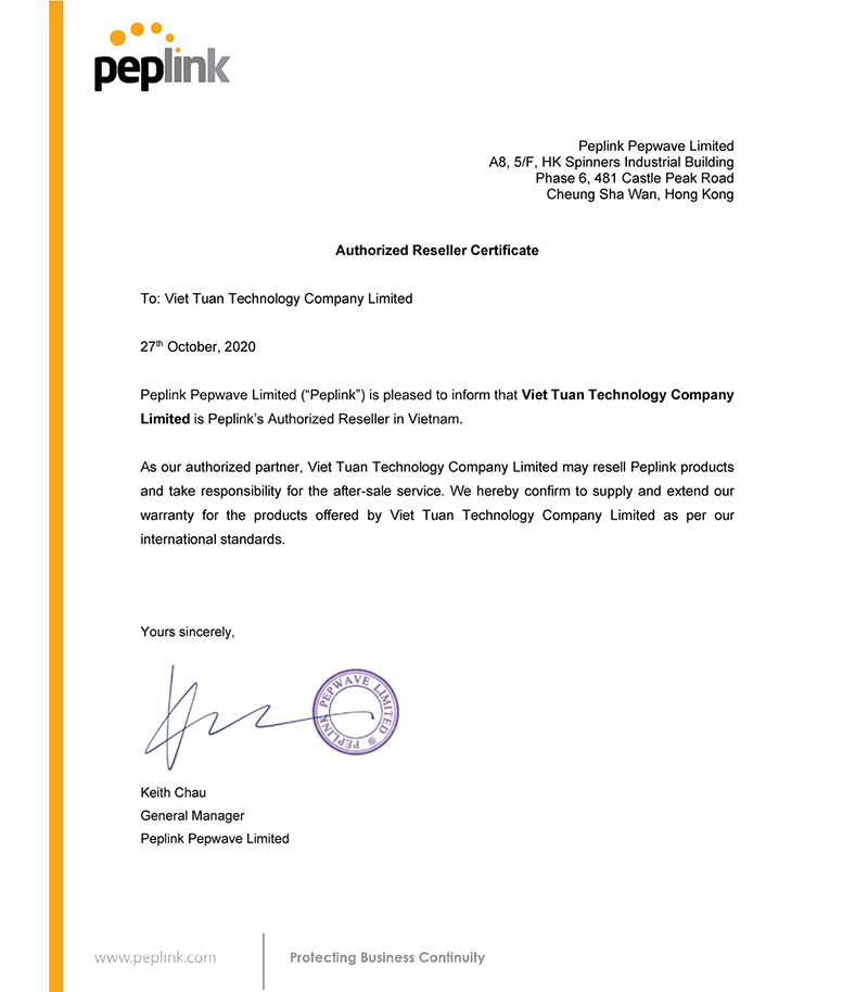 Chứng nhận phân phối Peplink