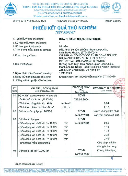 Kết quả thử nghiệm cửa Hinoki