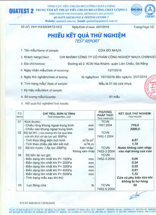 Kết quả thử nghiệm cửa Yami