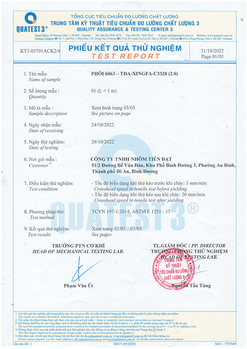 Phiếu kết quả thử nghiệm
