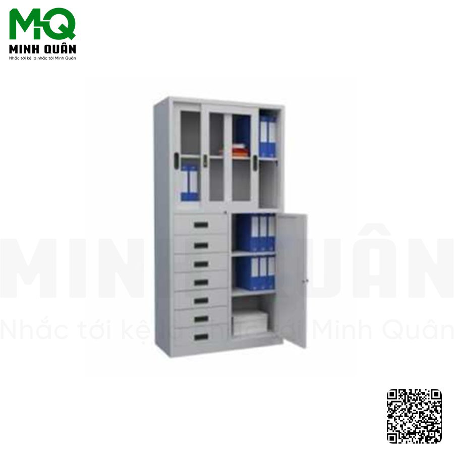 Tủ 2 cánh kính lùa, 7 hộc kéo, 1 cánh mở