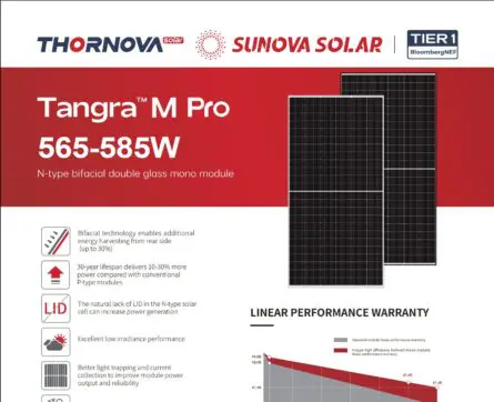 Tấm pin Ntype Thornova Sunova 580wp 2 mặt kính