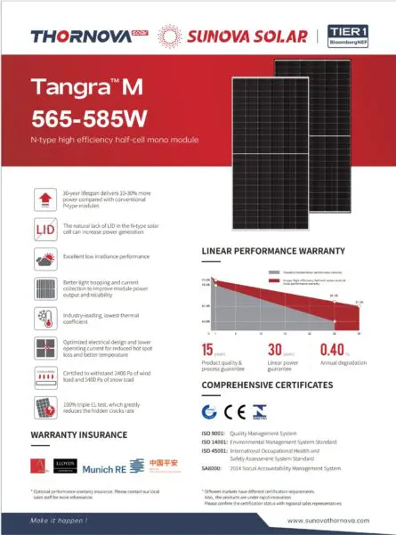 Tấm pin Ntype Thornova Sunova 585wp