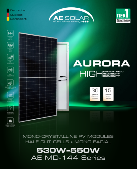Tấm pin mặt trời 550w AE mono công nghệ 2023 Aurora