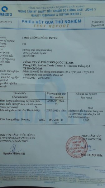 Phiếu kết quả thử nghiệm sơn chống nóng