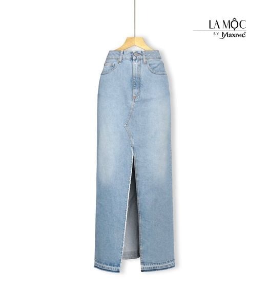 Chân váy jeans xanh nhạt xẻ trước La Mộc