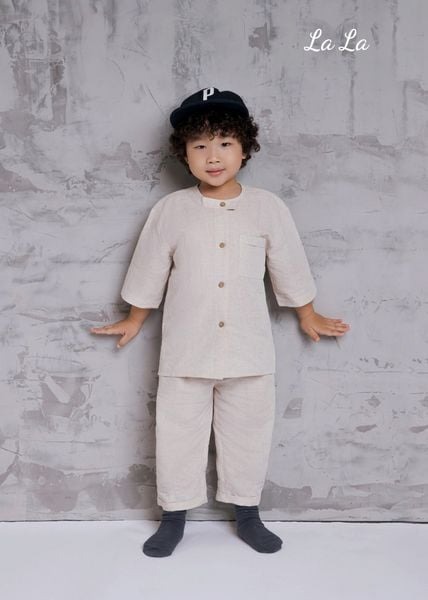 Bộ linen kem, tay dài, quần dài bé trai