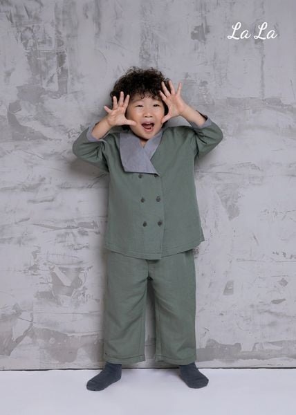 Bộ linen xám xanh, tay dài, quần dài bé trai