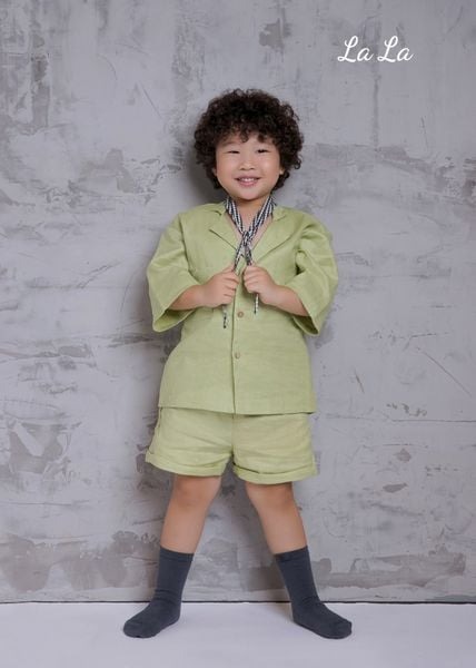 Bộ linen xanh, tay ngắn, quần ngắn bé trai