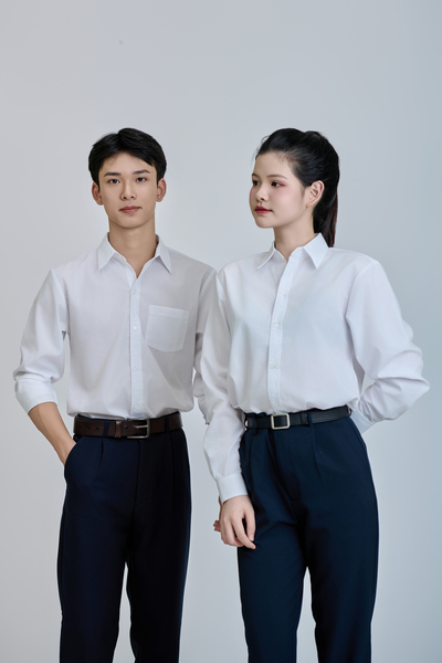 Áo somi cúc trắng + quần dài + chân váy xanh than đồng phục cấp 3