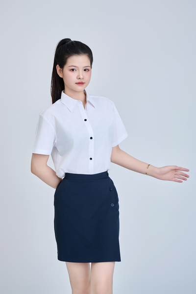 Áo somi cúc xanh than + chân váy đồng phục cấp 3