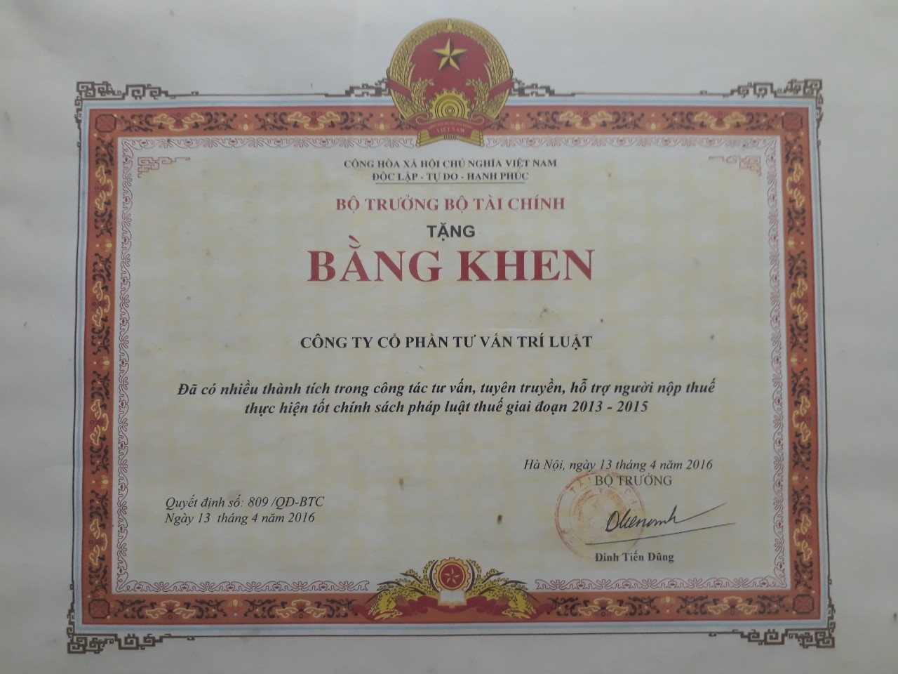 Băng khen bộ tài chính 2016