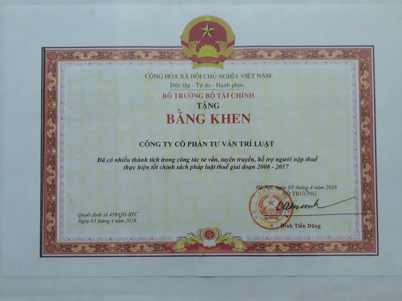 Bằng khen bộ tài chính 2018
