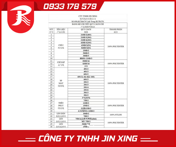 Bảng kê chi tiết quy cách chỉ