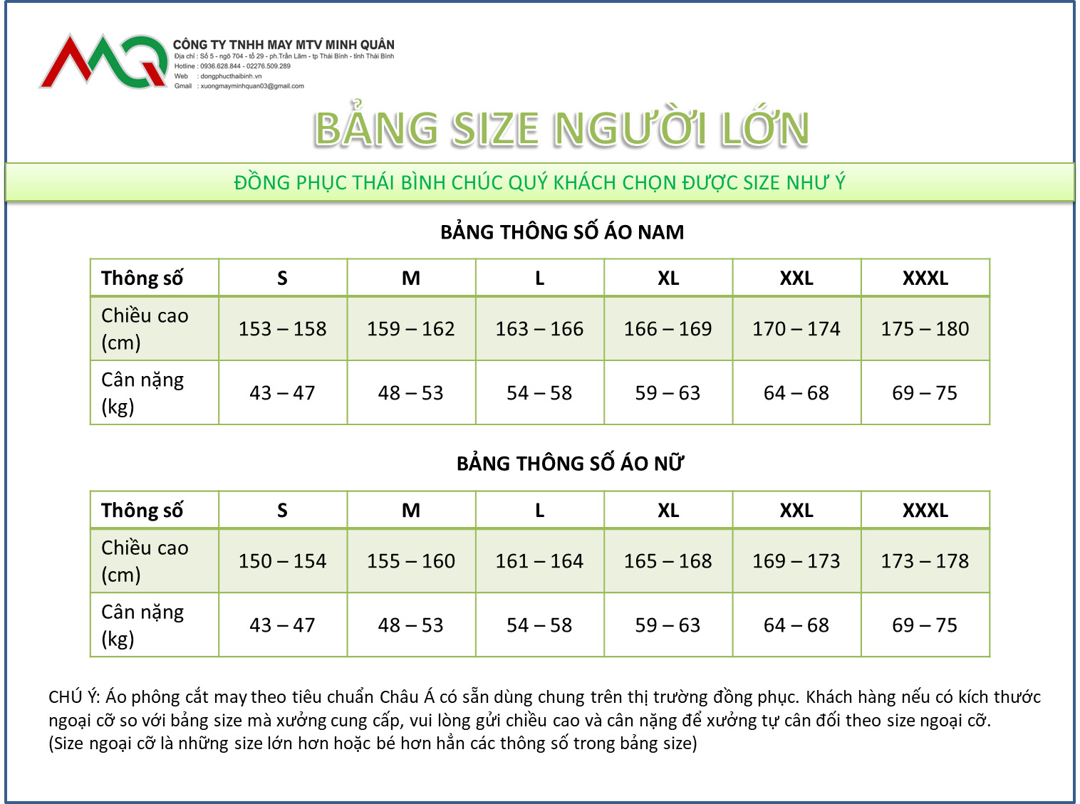 Bảng hướng dẫn chọn size