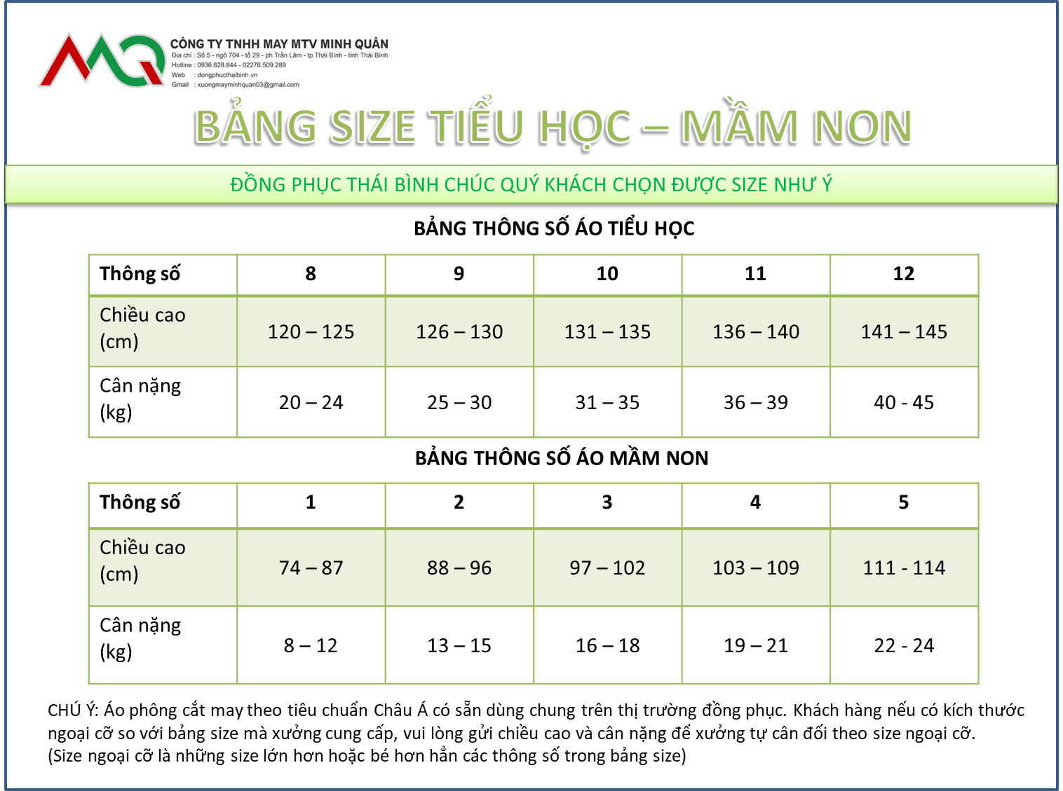 Bảng hướng dẫn chọn size