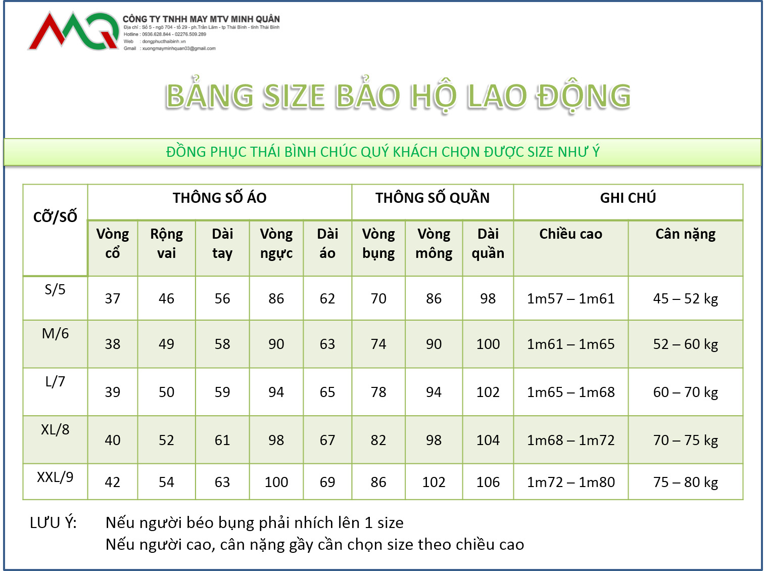 Bảng hướng dẫn chọn size