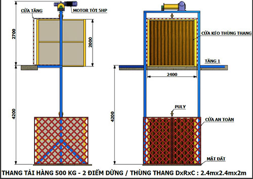 Bản vẽ thang nâng hàng 500Kg 2 điểm dừng