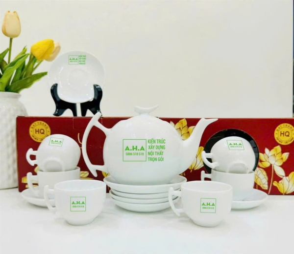 Bộ ấm chén gốm sứ in logo