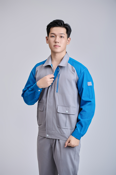 Bộ đồ bảo hộ lao động tay dài màu xanh dương - xám