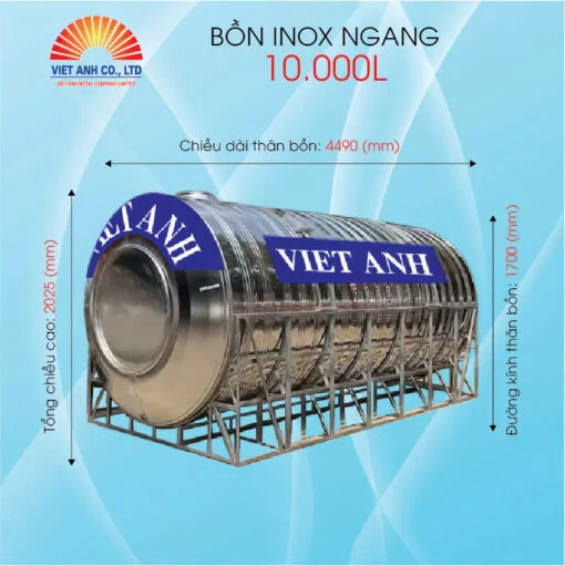 Bồn nước inox 10000L Việt Anh ngang