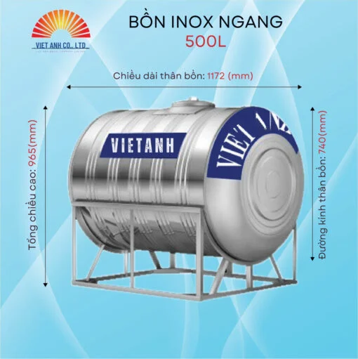 Bồn nước inox 500L Việt Anh ngang