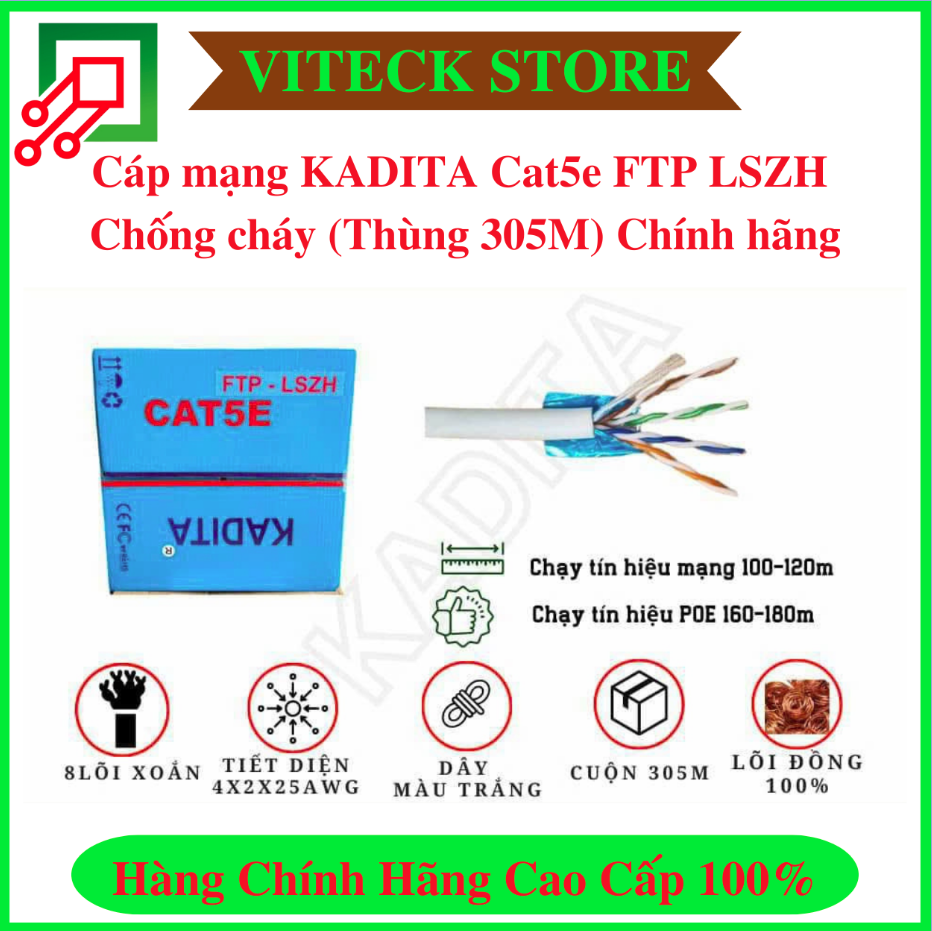 Cáp mạng KADITA Cat5e FTP LSZH Chống cháy, chống nhiễu (Thùng 305M)