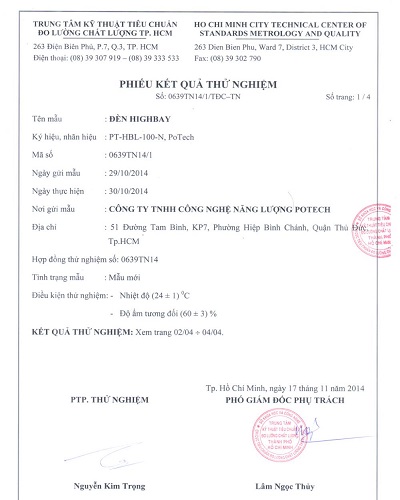 Kết quả thử nghiệm đèn highbay