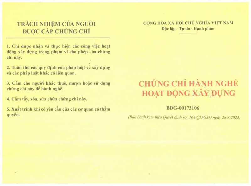 Chứng chỉ hành nghề hoạt động xây dựng