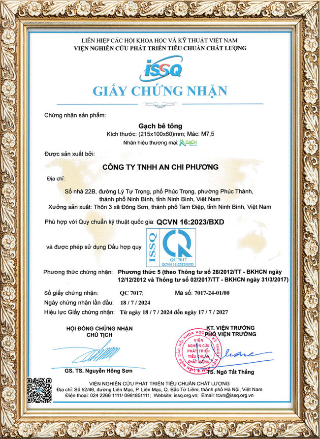 Giấy chứng nhận phù hợp tiêu chuẩn quốc gia QCVN 16:2023/BXD