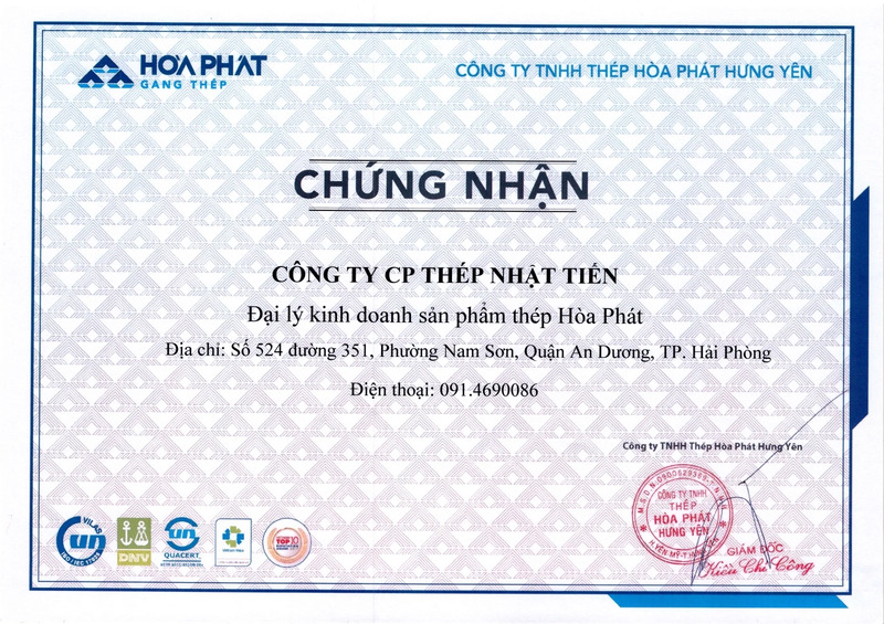 Chứng nhận đại lý kinh doanh sản phẩm thép Hòa Phát