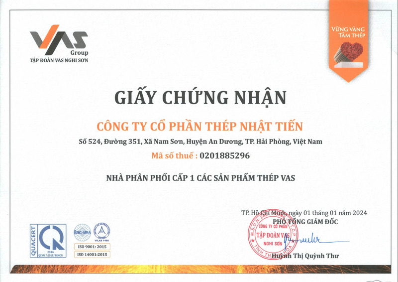 Chứng nhận nhà phân phối cấp 1 các sản phẩm thép VAS