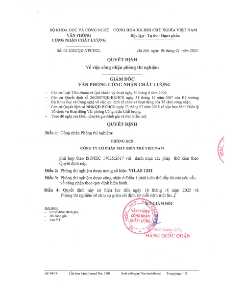 Chứng nhận Phòng thử nghiệm KCS mã Vilas 1241 của AGE