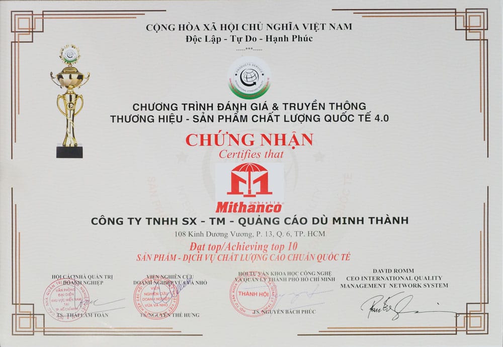 Chứng nhận đạt top 10