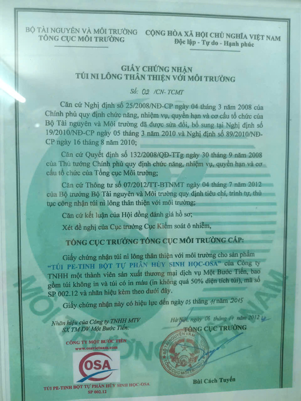Chứng nhận túi nilon thân thiện với môi trường
