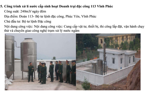 Công trình xử lý nước cấp sinh hoạt doanh trại đặc công 113 Vĩnh Phúc