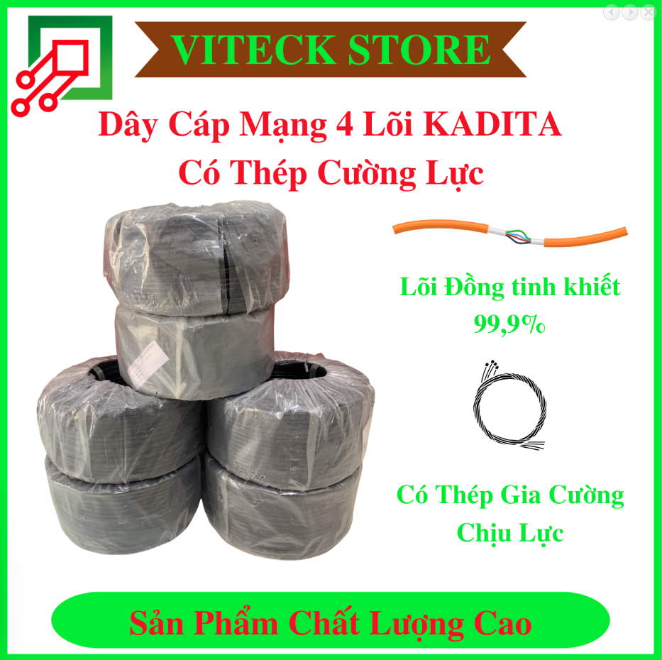 Dây cáp mạng KADITA 4 lõi ngoài trời có cường lực + vỏ nhựa mềm (Cuộn 500m)