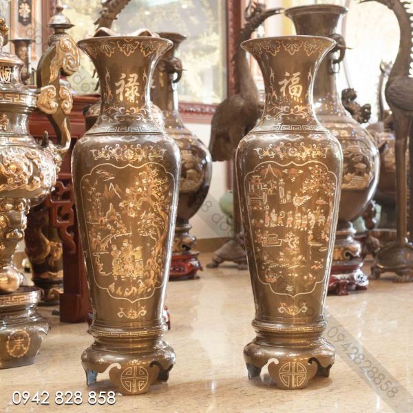 Đôi lọ đồng đỏ 1m2 khảm tam khí