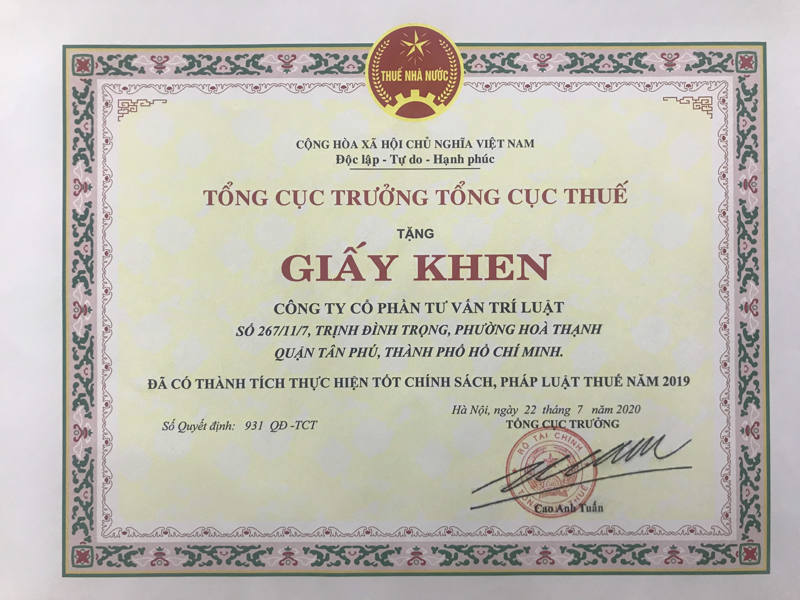 Giấy khen tổng cục thuế 2020