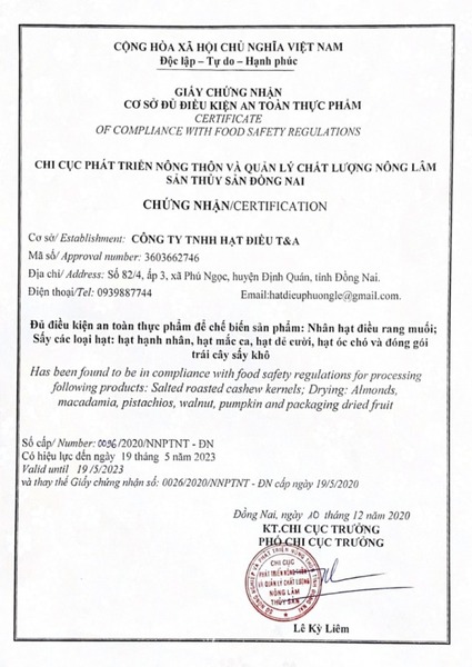 Giấy chứng nhận an toàn thực phẩm